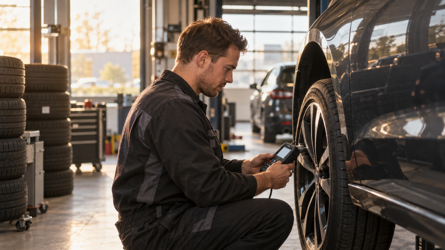 Monteur bij Banden Kampioen programmeert TPMS-sensor in werkplaats in Hoofddorp